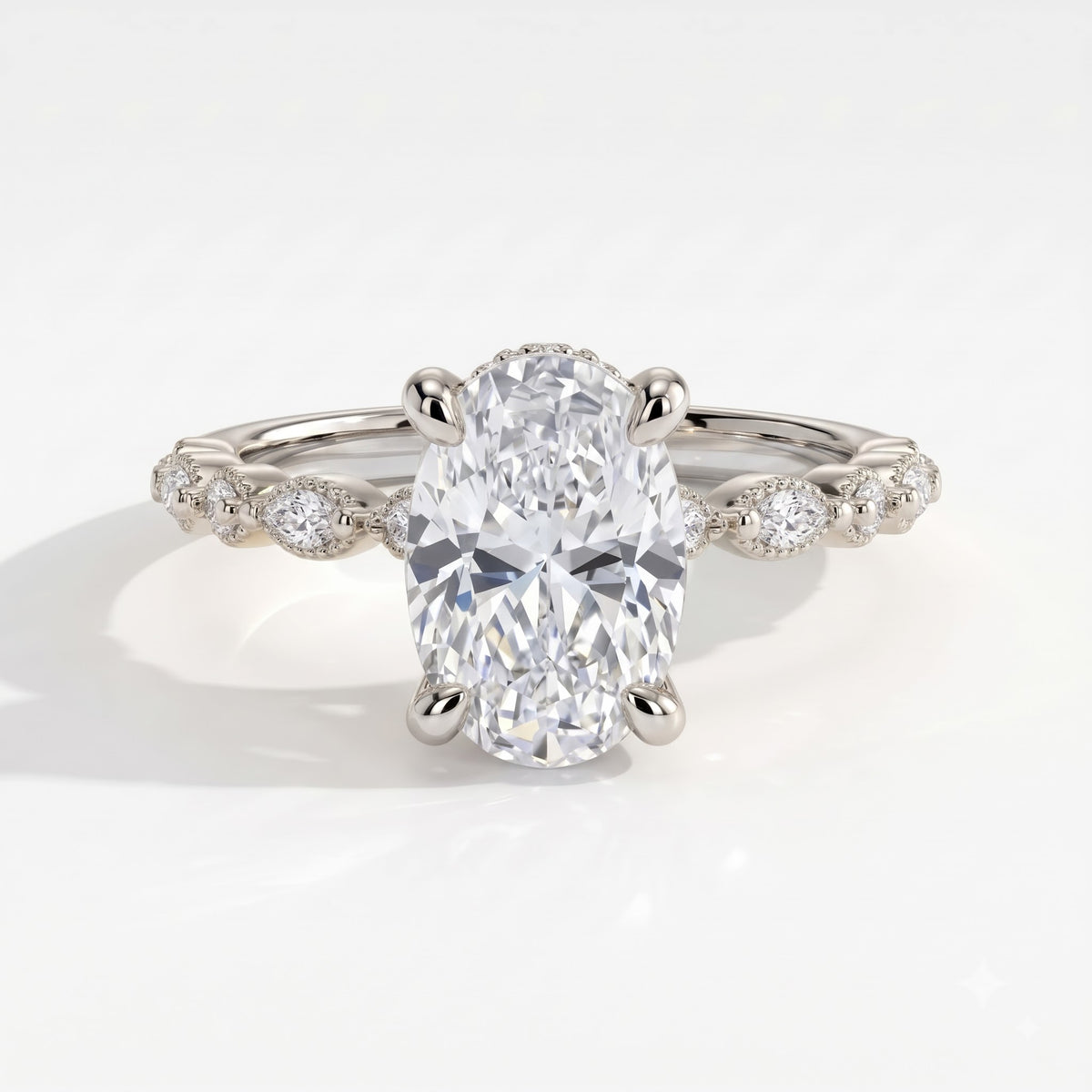 Oval lab-grown diamond hidden halo engagement ring with vintage milgrain accent band in 18K (750) white gold, front view