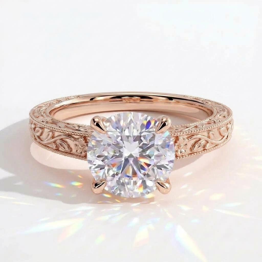 Round lab-grown diamond vintage engraved solitaire engagement ring in 14K (585) rose gold, front view