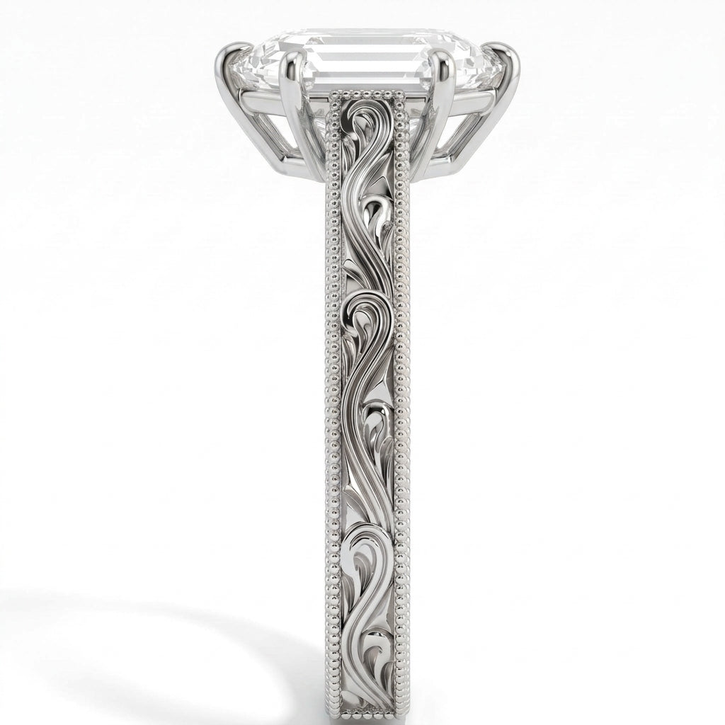 Hexagon step-cut lab-grown diamond vintage filigree solitaire engagement ring in 14K (585) white gold, close-up of the filigree band