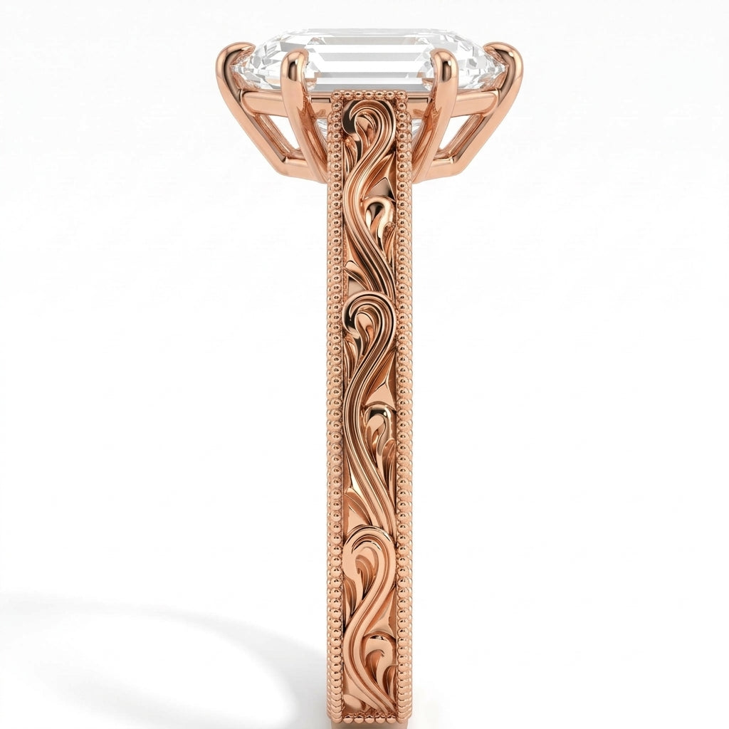 Hexagon step-cut lab-grown diamond vintage filigree solitaire engagement ring in 14K (585) rose gold, close-up of the filigree band