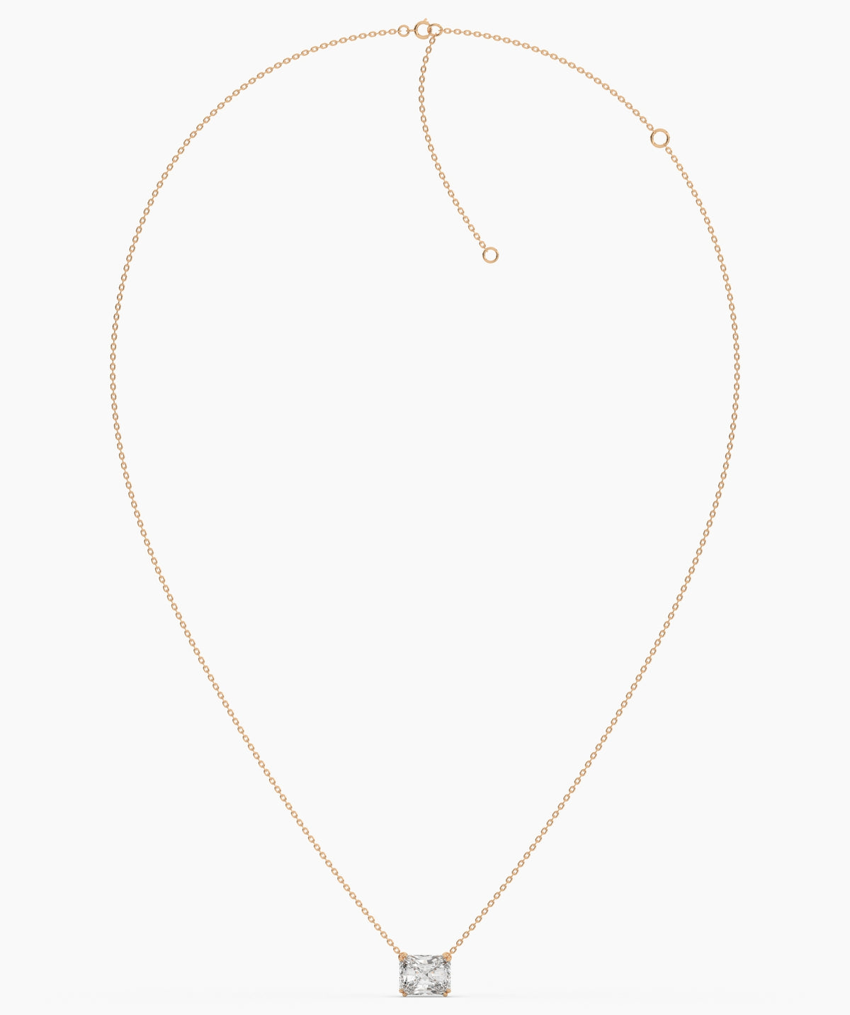 Celeste east-west radiant cut lab-grown diamond solitaire pendant necklace in 14K (585) rose gold, chain laid out with clasp