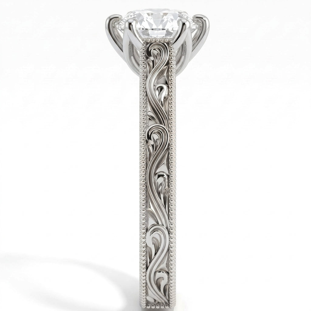 Round lab-grown diamond vintage filigree solitaire engagement ring in 14K (585) white gold, close-up of the filigree band