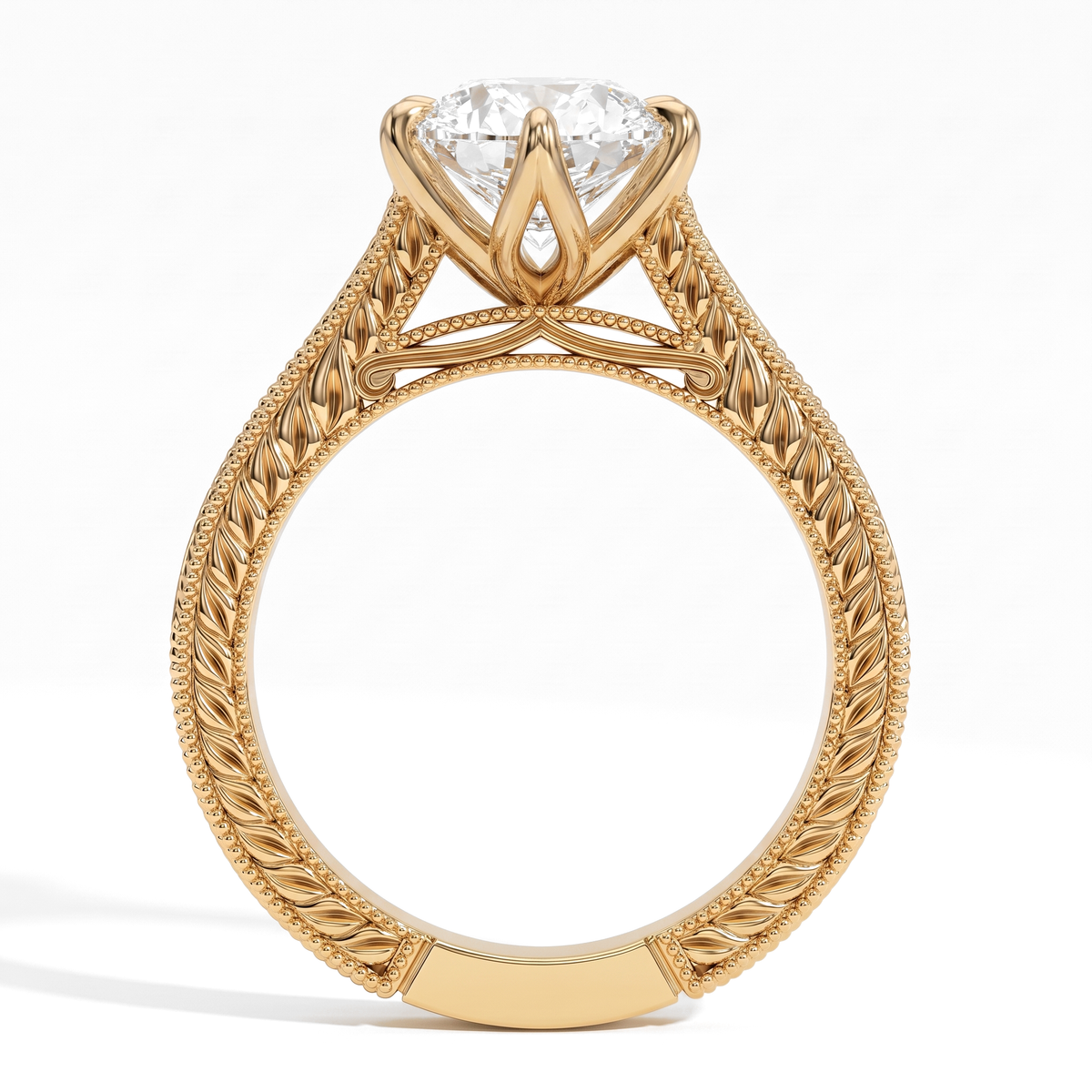 Marquise lab-grown diamond vintage filigree solitaire engagement ring in 18K (750) yellow gold, profile view showing the gallery