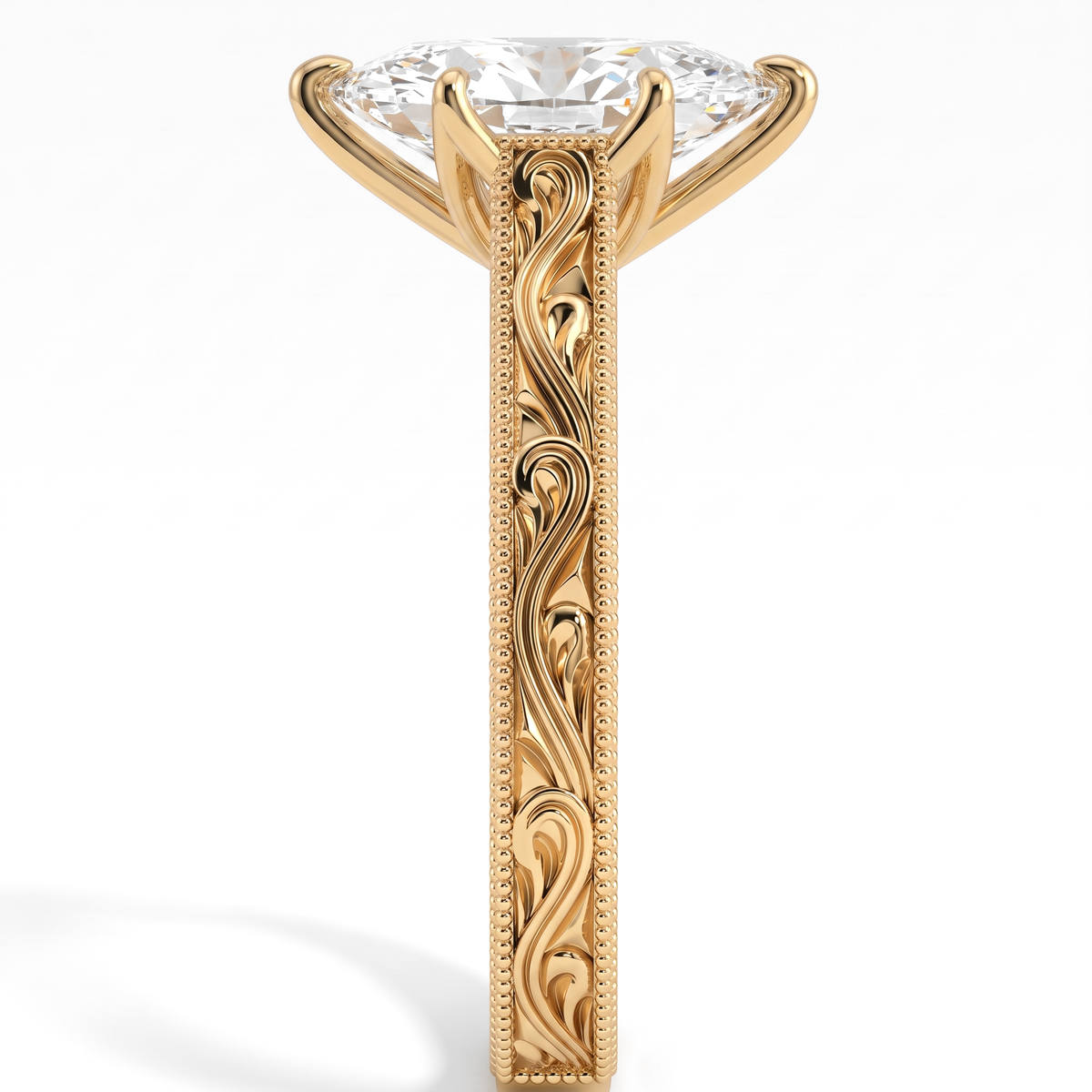 Marquise lab-grown diamond vintage filigree solitaire engagement ring in 14K (585) yellow gold, close-up of the filigree band