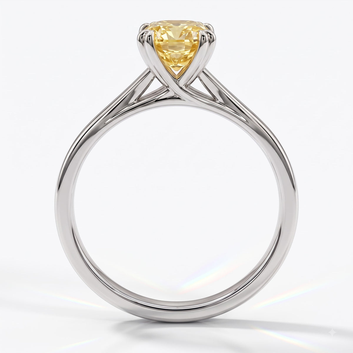 Fancy Vivid Yellow cushion lab-grown diamond split shank ring in 18K (750) white gold, front view