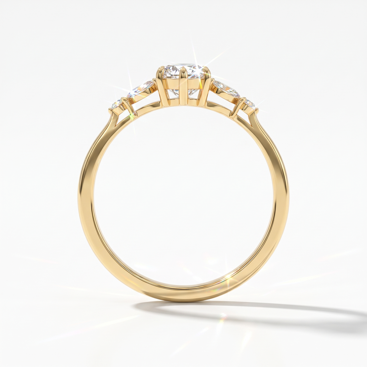 Marquise cut lab-grown diamond leaf cluster engagement ring with marquise and round accents in 18K (750) yellow gold, upright profile view