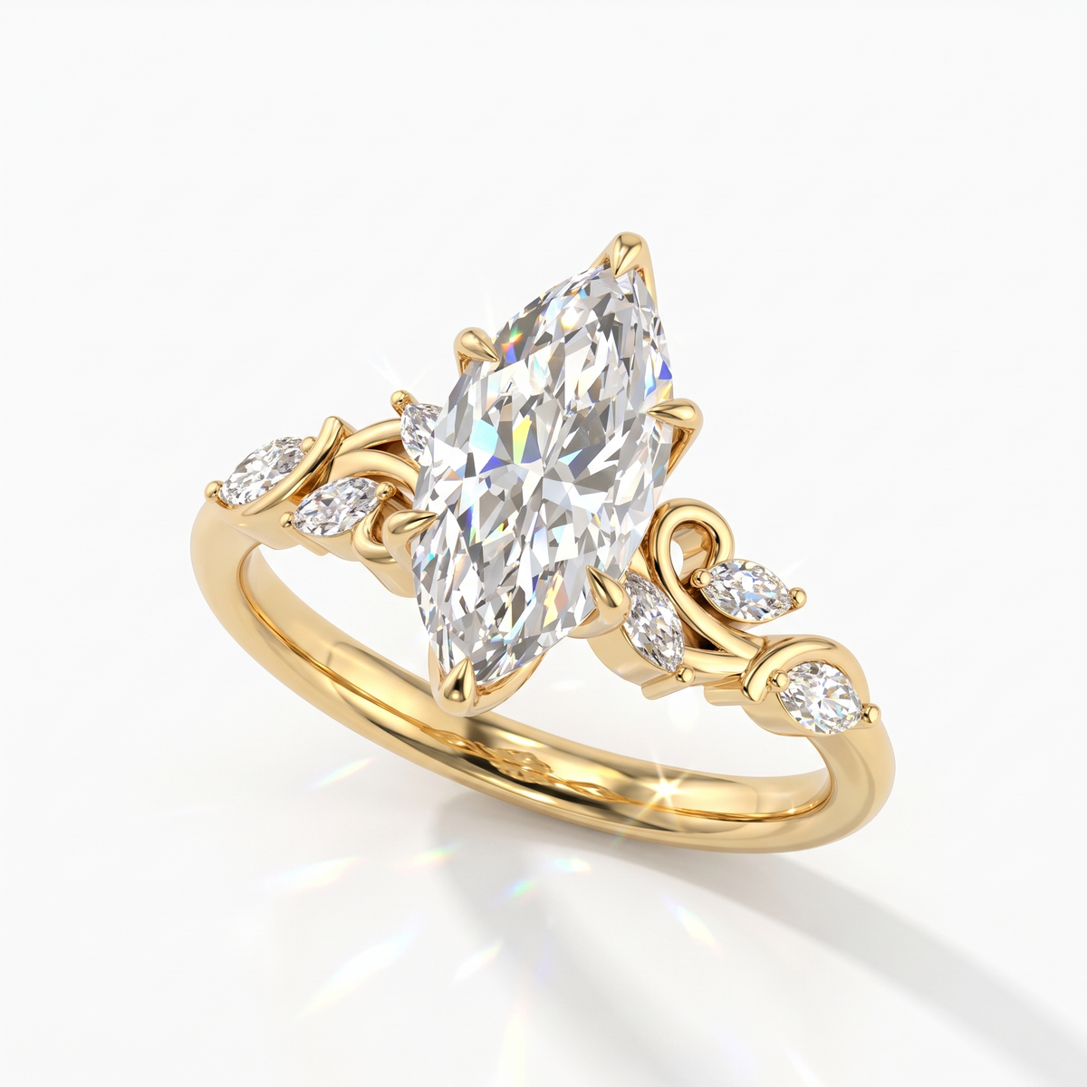 Marquise cut lab-grown diamond vine engagement ring with marquise leaf accents in 14K (585) yellow gold, angled view