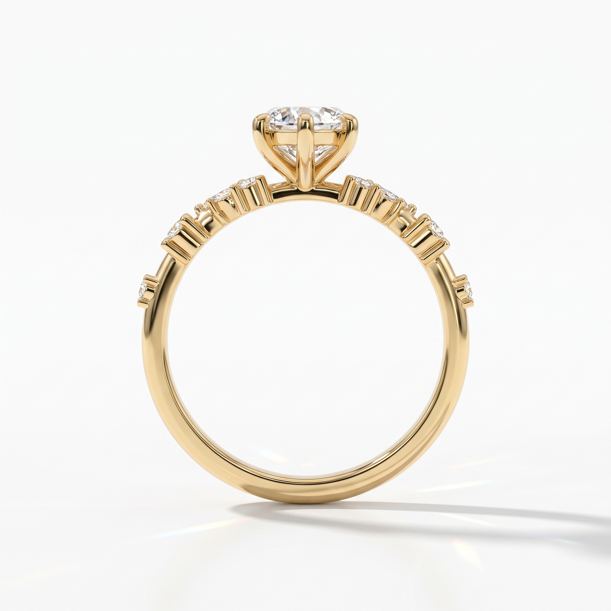 Marquise cut lab-grown diamond cluster engagement ring with marquise and round leaf accents in 14K (585) yellow gold, upright profile view