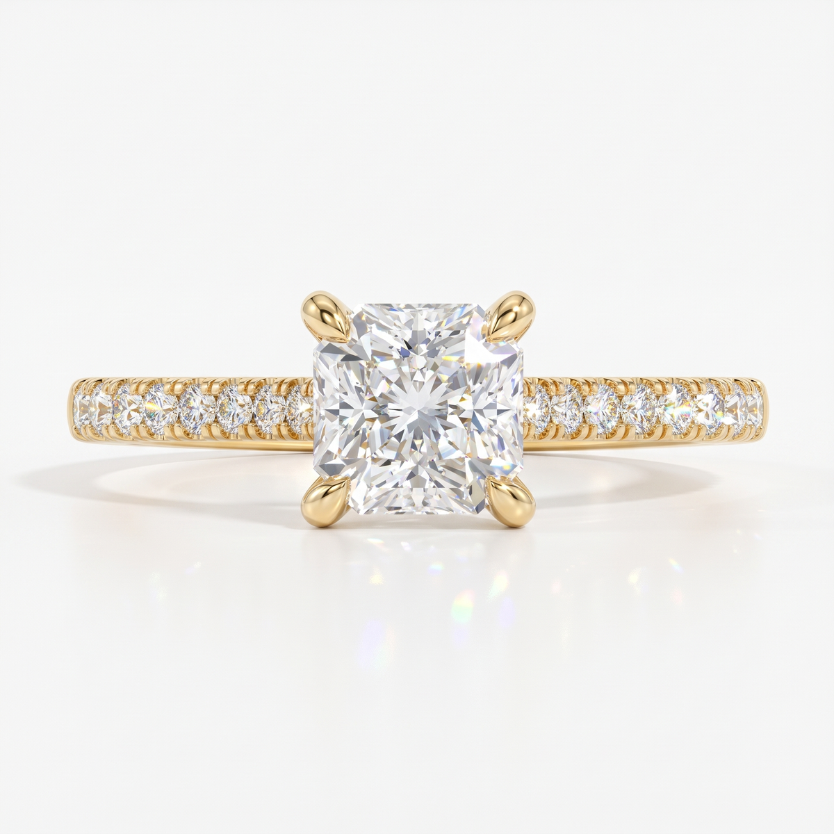 Square radiant cut lab-grown diamond engagement ring with pavé side stones in 18K (750) yellow gold, front view