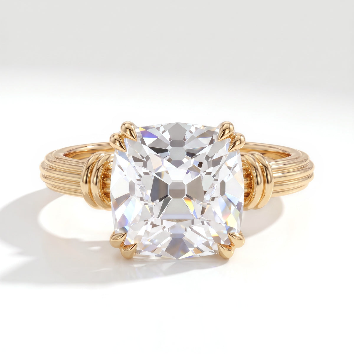 Old mine cushion lab-grown diamond vintage solitaire engagement ring with fluted band in 18K (750) yellow gold, front view