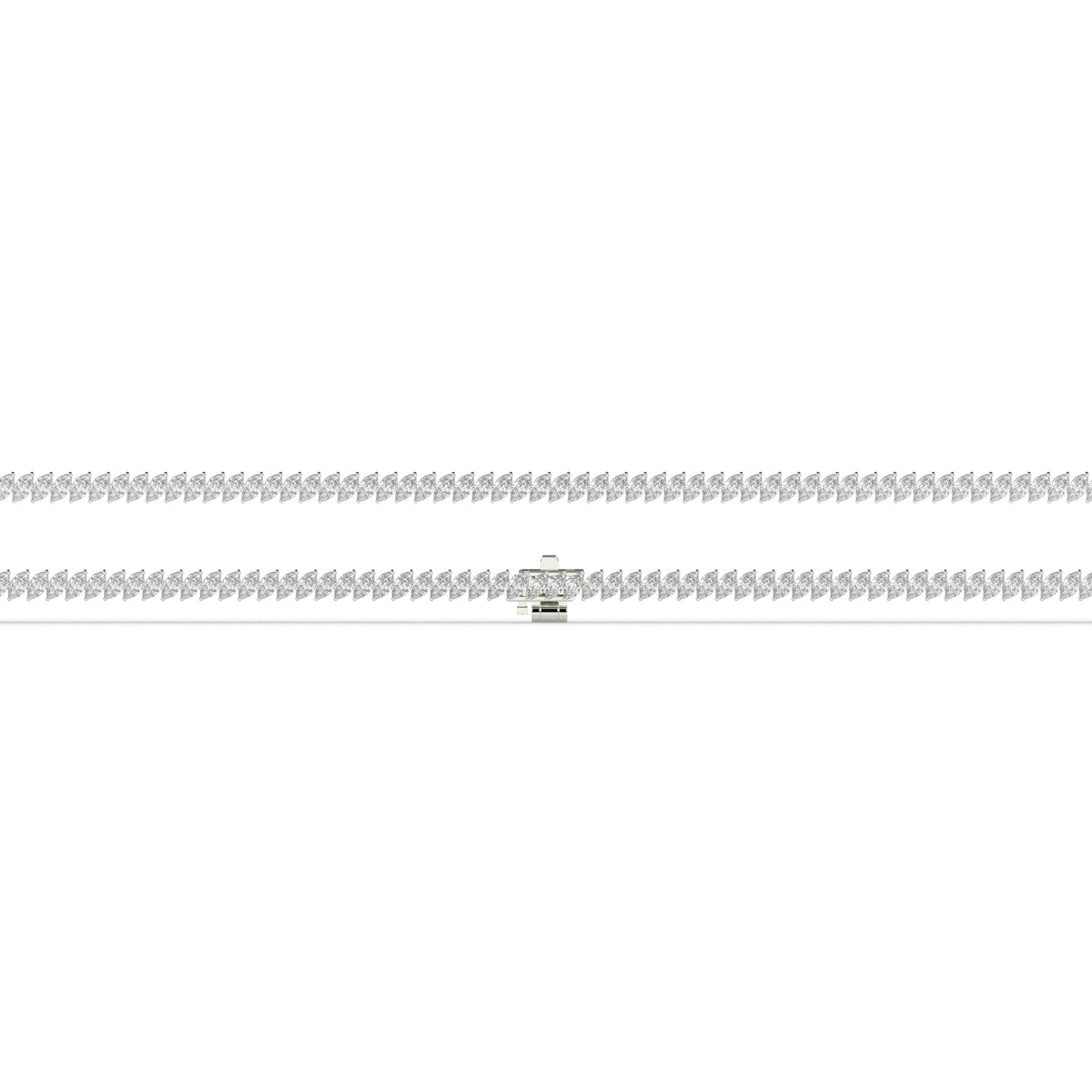 Aline Tennisarmband mit Labordiamanten im Marquiseschliff (schräg gesetzt) aus 585 Weißgold, flach liegend, volle Länge
