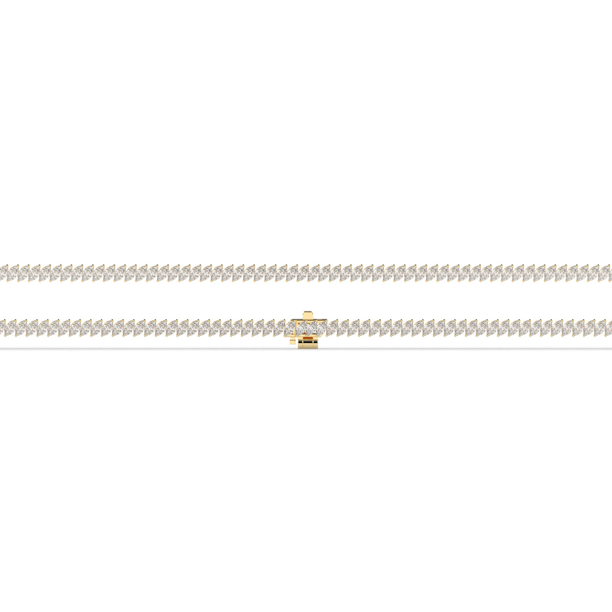 Aline Tennisarmband mit Labordiamanten im Marquiseschliff (schräg gesetzt) aus 585 Gelbgold, flach liegend, volle Länge