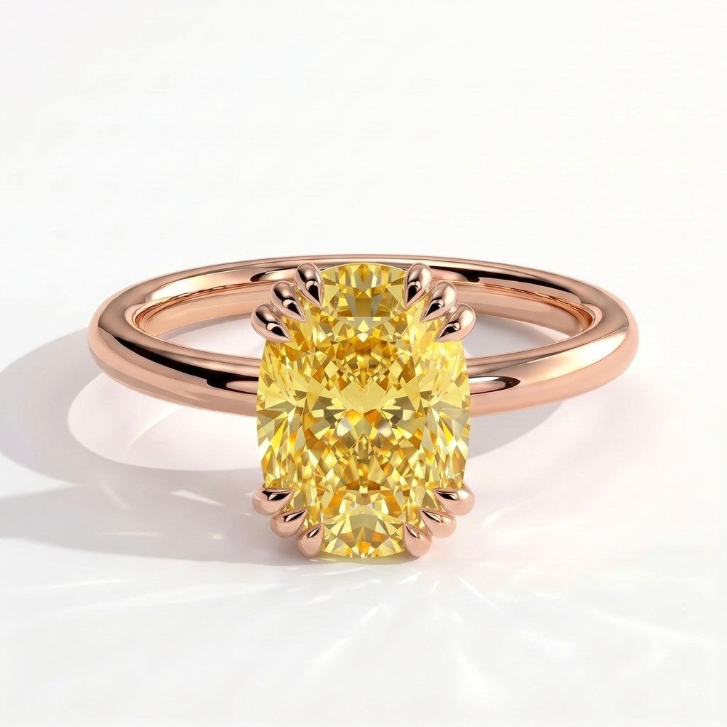 Fancy Vivid Yellow elongated cushion lab-grown diamond solitaire engagement ring with triple claw prongs in 14K (585) rose gold, front view