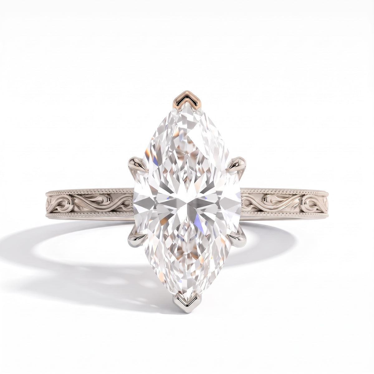 Marquise lab-grown diamond vintage filigree solitaire engagement ring in 14K (585) white gold, front view
