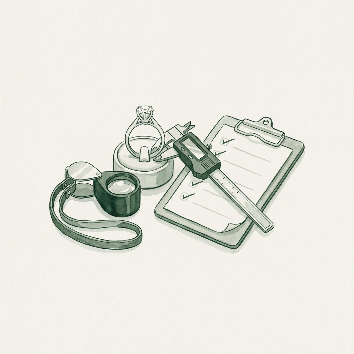 Watercolour illustration of a ring quality check with loupe and checklist