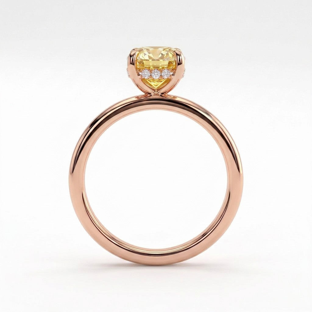 Fancy Vivid Yellow elongated cushion lab-grown diamond engagement ring with flat cigar band and hidden halo in 18K (750) rose gold, side profile showing the hidden halo
