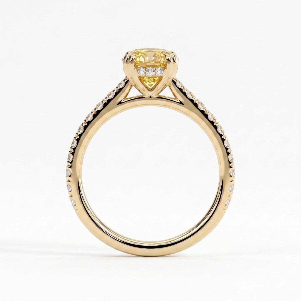Fancy Vivid Yellow oval lab-grown diamond double claw engagement ring with pavé band and hidden halo in 14K (585) yellow gold, side profile showing the cathedral setting