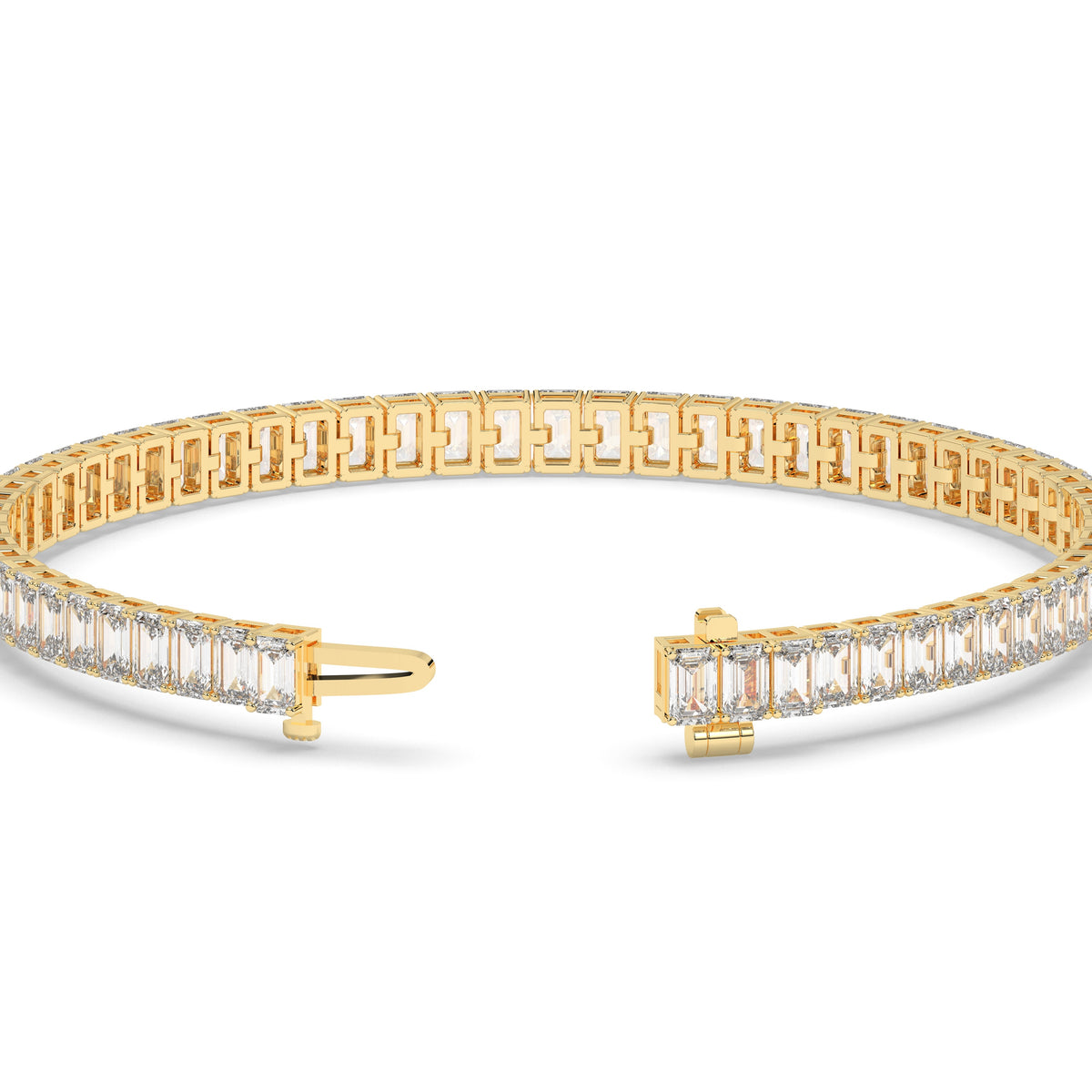 Gwen Tennisarmband mit Labordiamanten im Smaragdschliff aus 585 Gelbgold, Verschluss geöffnet, Detailansicht