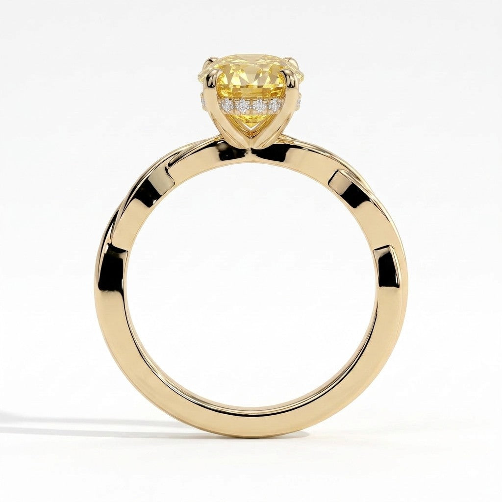 Fancy Vivid Yellow oval lab-grown diamond solitaire engagement ring with twisted band in 14K (585) yellow gold, side profile