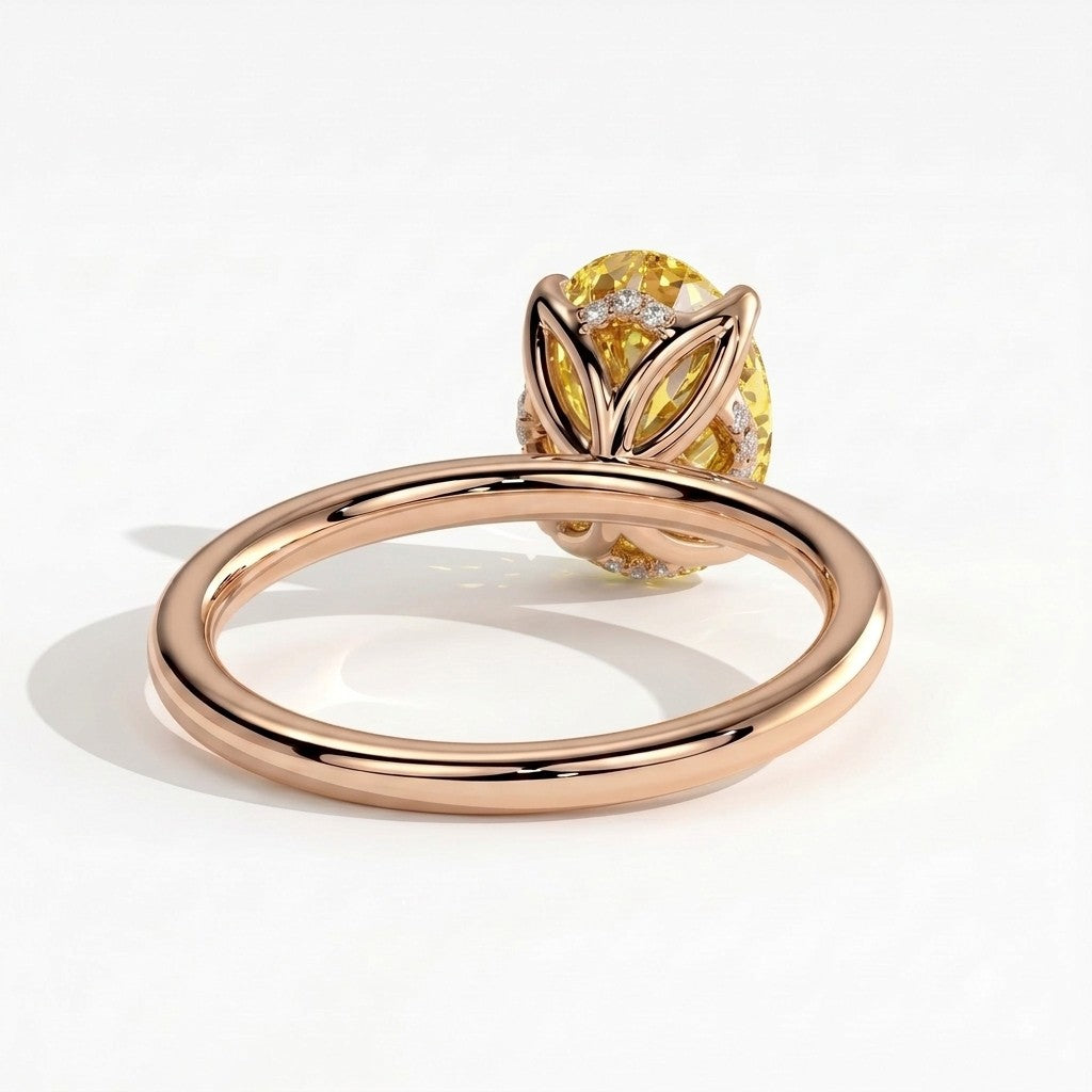 Fancy Vivid Yellow oval lab-grown diamond solitaire engagement ring with petal gallery and hidden tiara in 14K (585) rose gold, back view