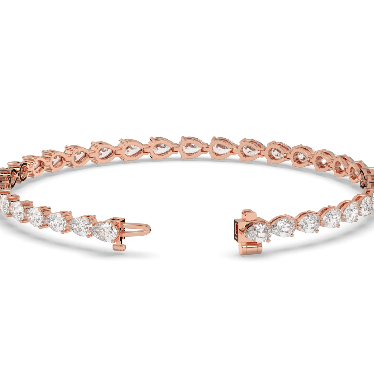 Hermine Tennisarmband mit Labordiamanten im Tropfenschliff aus 585 Roségold, Verschluss geöffnet, Detailansicht