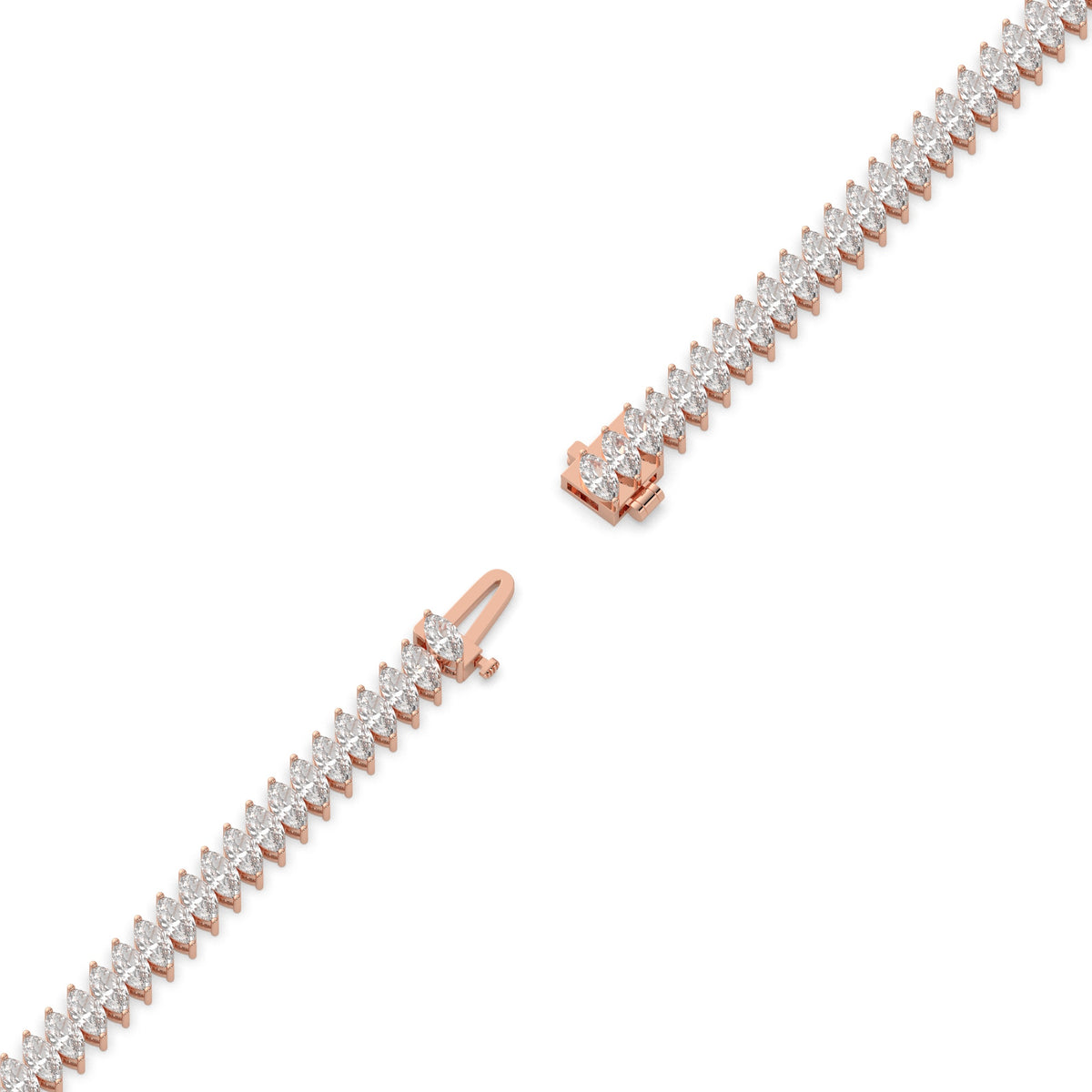 Imke Tennisarmband mit Labordiamanten im Marquiseschliff (schräg gesetzt) aus 585 Roségold, volle Länge, Diagonalansicht