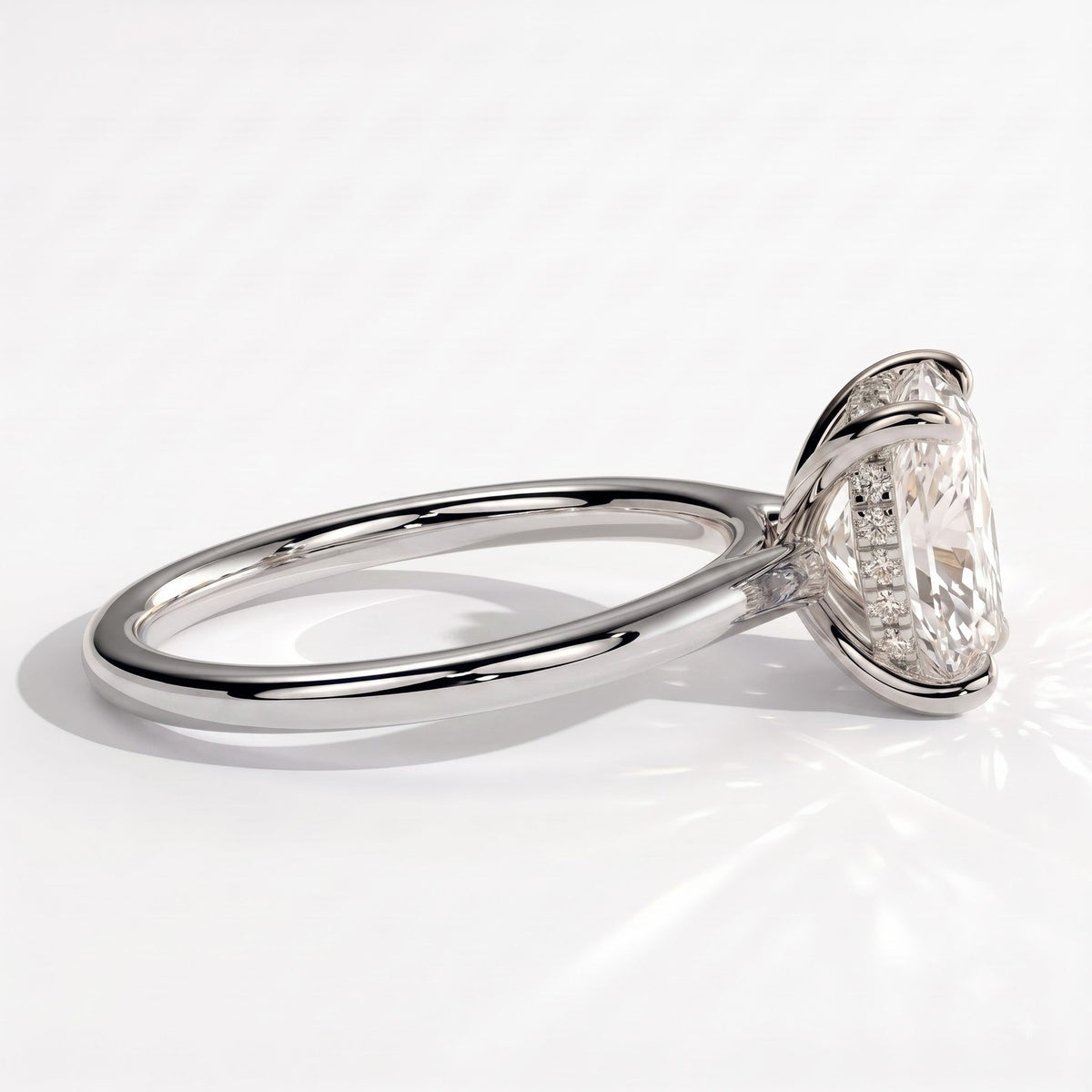 Elongated Cushion lab-grown diamond halo engagement ring in 14K (585) white gold, detail view