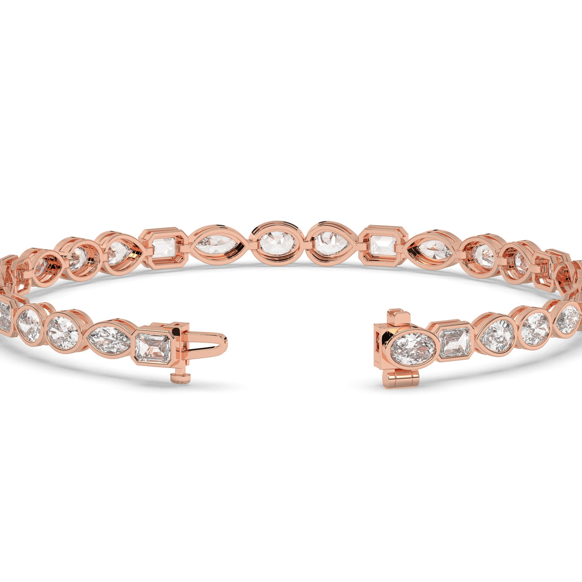 Jana Tennisarmband mit Labordiamanten in verschiedenen Formen mit Zargenfassung aus 585 Roségold, Verschluss geöffnet, Detailansicht