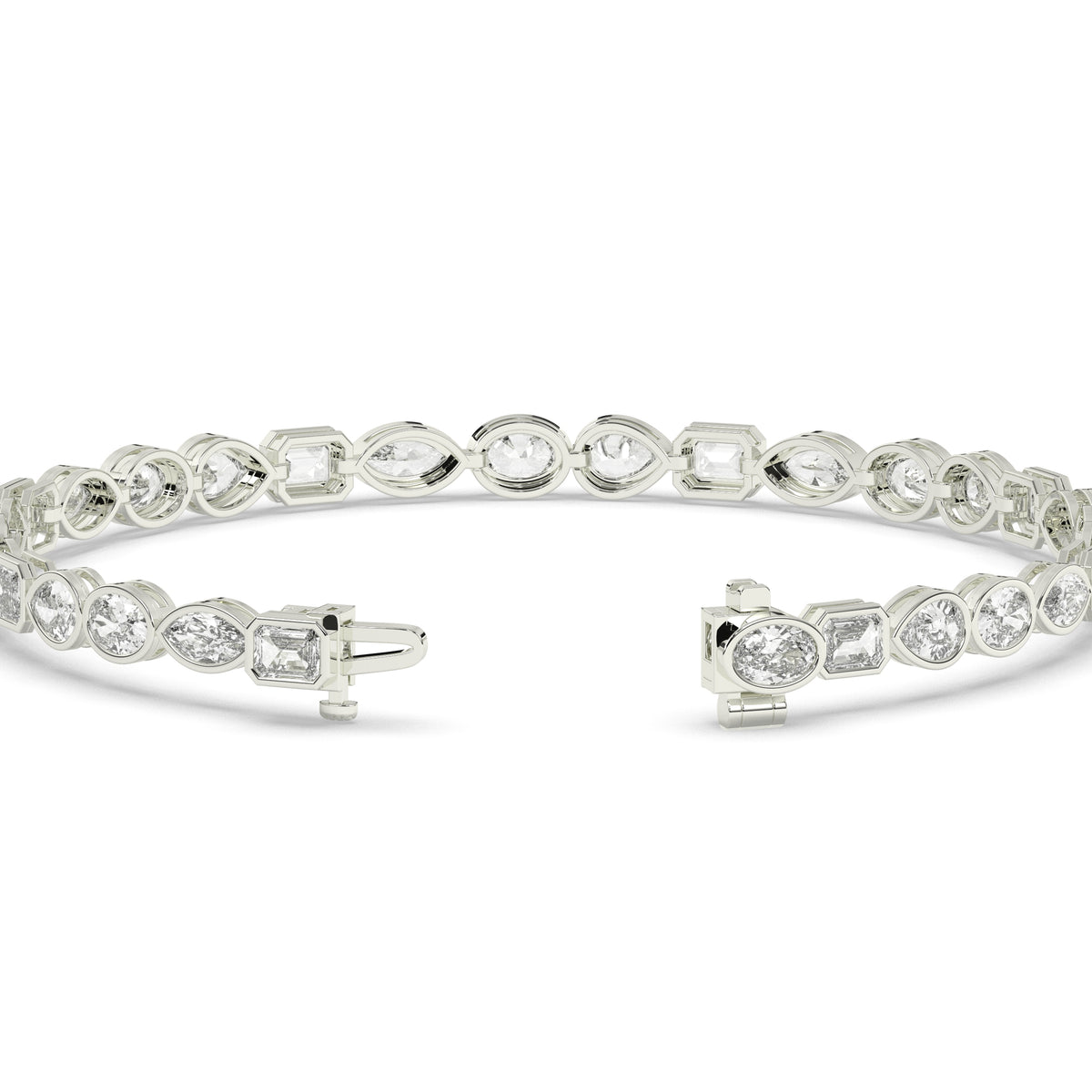 Jana Tennisarmband mit Labordiamanten in verschiedenen Formen mit Zargenfassung aus 585 Weißgold, Verschluss geöffnet, Detailansicht