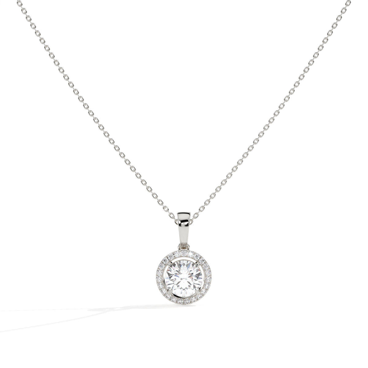 Lucienne round lab-grown diamond halo pendant necklace in 14K (585) white gold, front view