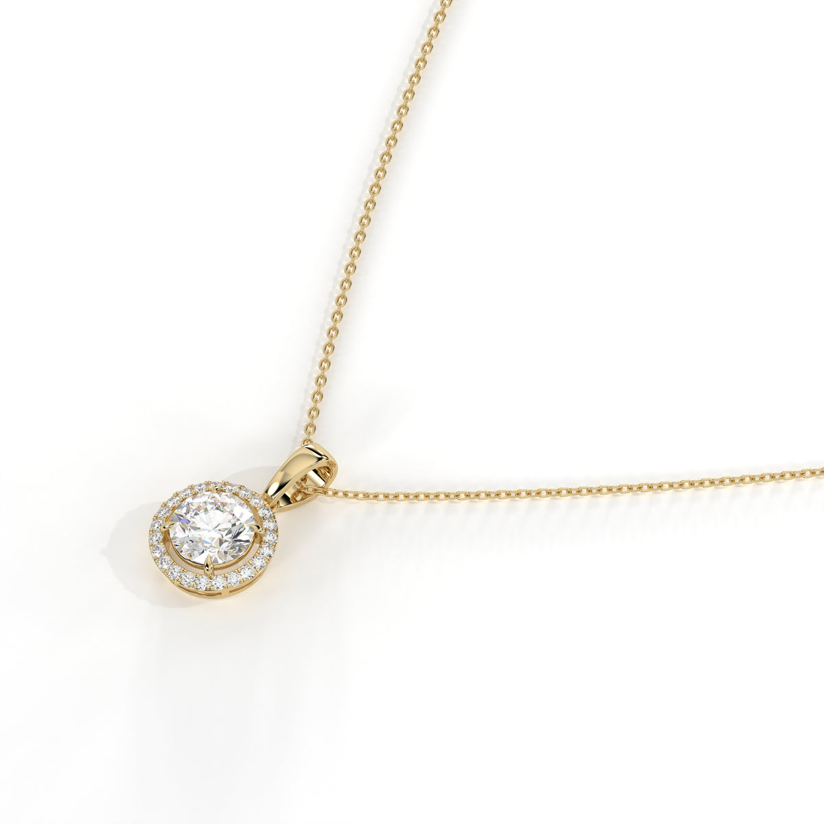 Lucienne round lab-grown diamond halo pendant necklace in 14K (585) yellow gold, side view