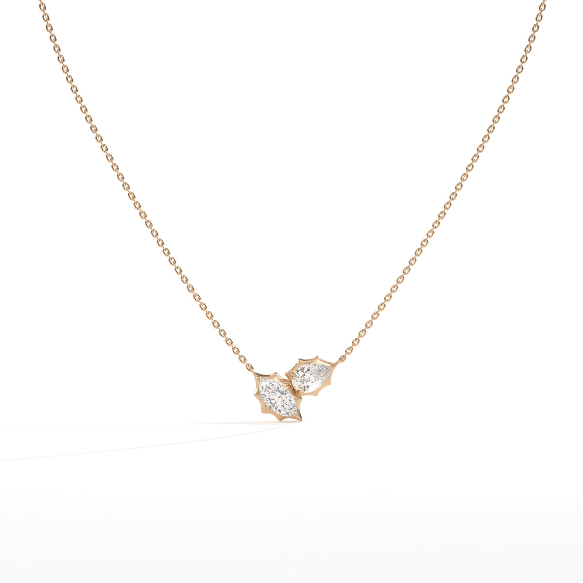 Maëlle Toi-et-Moi-Halskette mit Labordiamanten im Marquise- und Tropfenschliff aus 585 Roségold, Vorderansicht