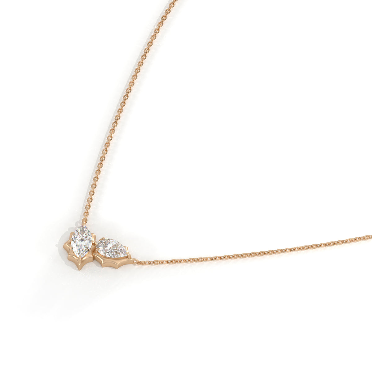 Maëlle Toi-et-Moi-Halskette mit Labordiamanten im Marquise- und Tropfenschliff aus 585 Roségold, Seitenansicht