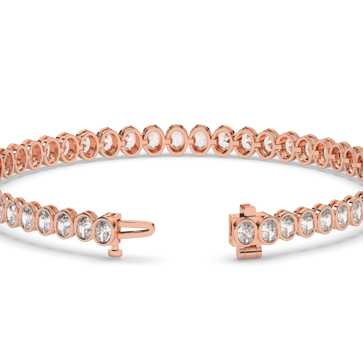 Magda Tennisarmband mit Labordiamanten im Ovalschliff mit Zargenfassung aus 585 Roségold, Verschluss geöffnet, Detailansicht