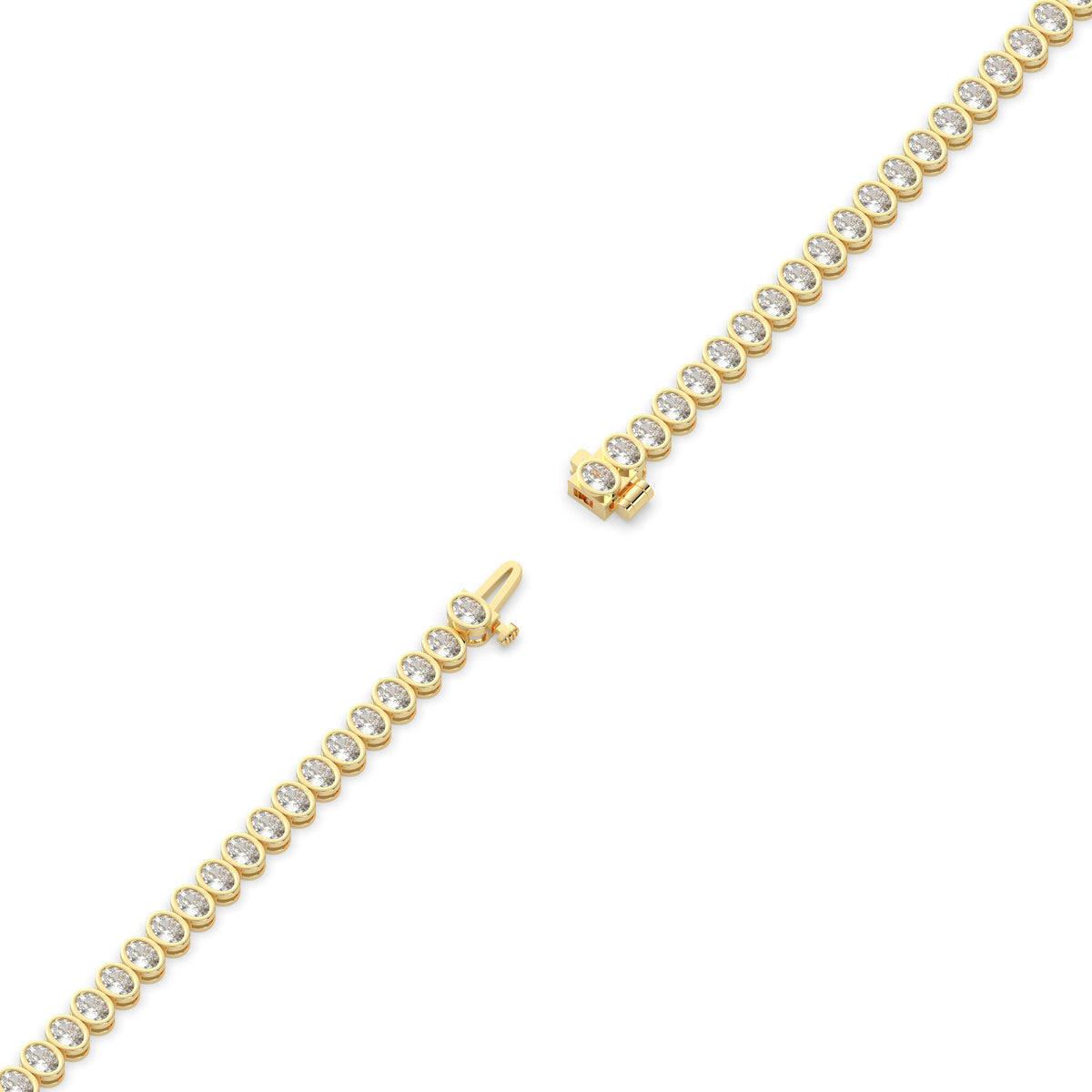Magda Tennisarmband mit Labordiamanten im Ovalschliff mit Zargenfassung aus 585 Gelbgold, volle Länge, Diagonalansicht