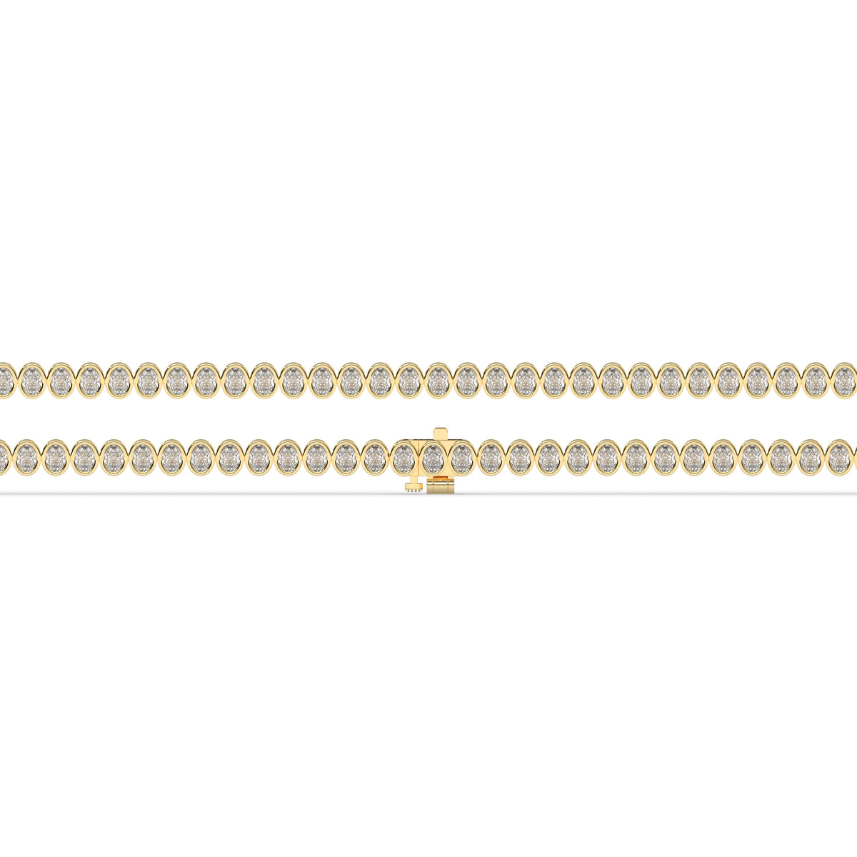 Magda Tennisarmband mit Labordiamanten im Ovalschliff mit Zargenfassung aus 585 Gelbgold, flach liegend, volle Länge