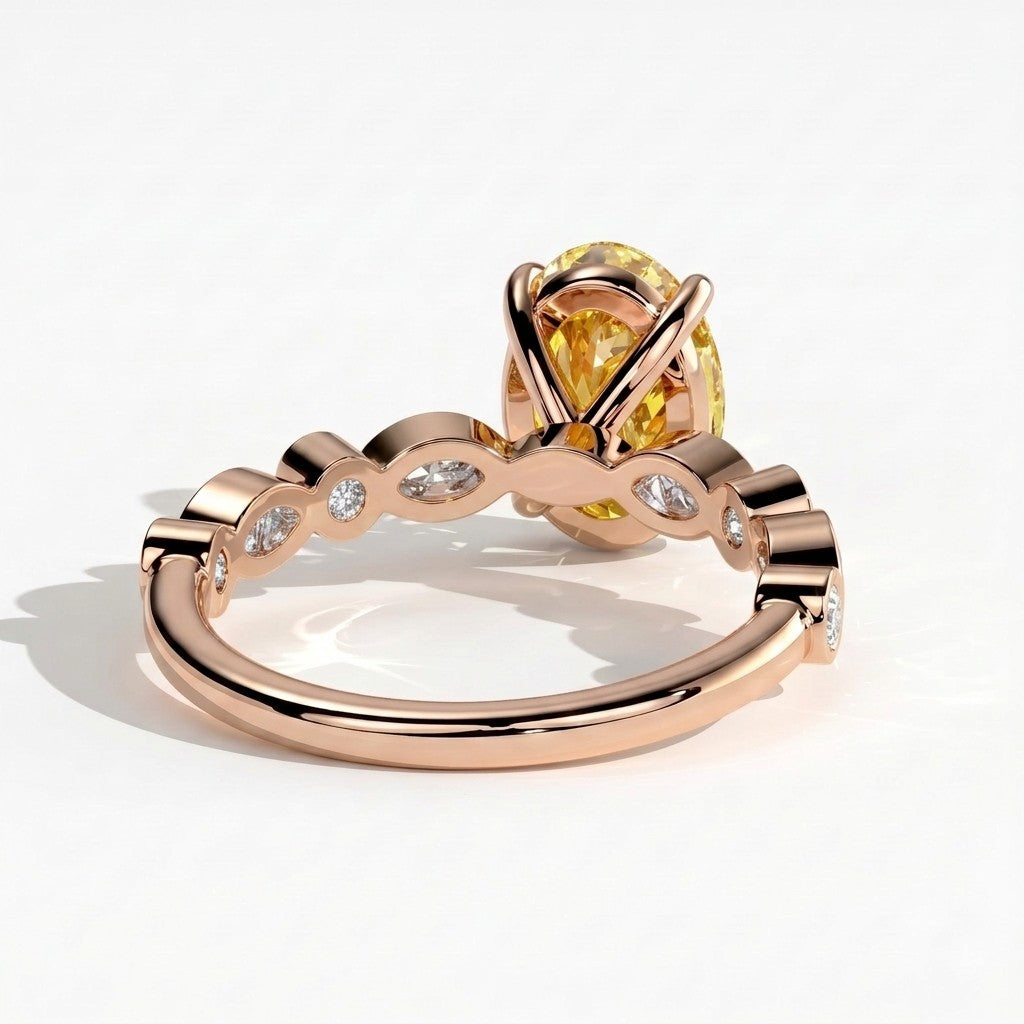 Fancy Vivid Yellow oval lab-grown diamond engagement ring with bezel-set pear and round shoulder accents in 18K (750) rose gold, back view