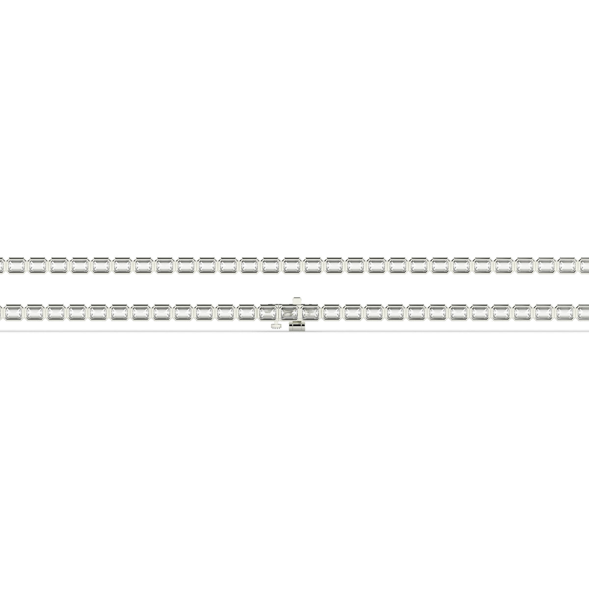 Noa Tennisarmband mit Labordiamanten im Smaragdschliff mit Zargenfassung aus 585 Weißgold, flach liegend, volle Länge