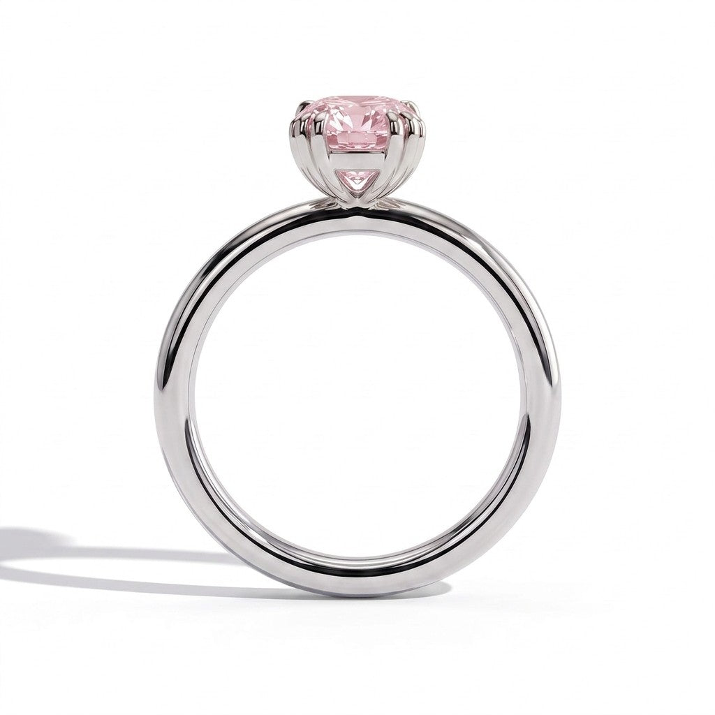 Fancy Vivid Pink elongated cushion lab-grown diamond solitaire engagement ring with triple claw prongs in 18K (750) white gold, side profile