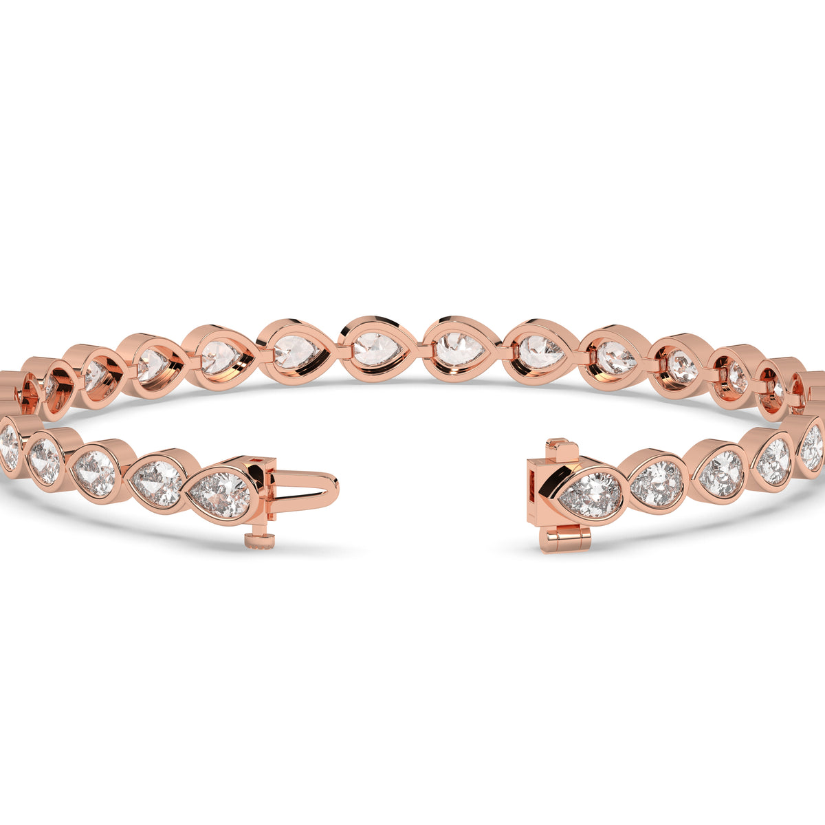 Rina Tennisarmband mit Labordiamanten im Tropfenschliff mit Zargenfassung aus 585 Roségold, Verschluss geöffnet, Detailansicht