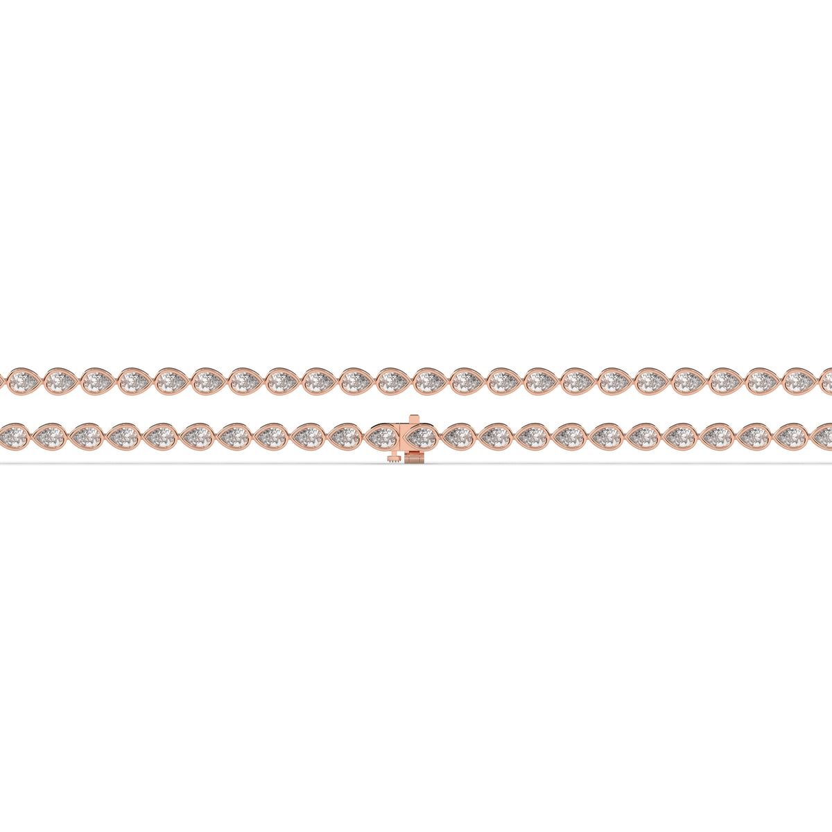 Rina Tennisarmband mit Labordiamanten im Tropfenschliff mit Zargenfassung aus 585 Roségold, flach liegend, volle Länge