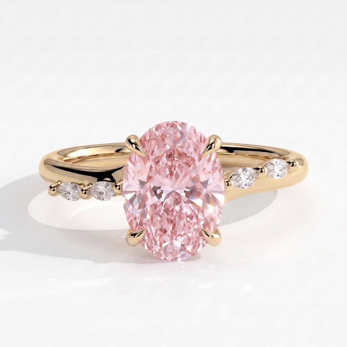 Fancy Vivid Pink oval lab-grown diamond hidden halo engagement ring with marquise accents in 18K (750) yellow gold, front view
