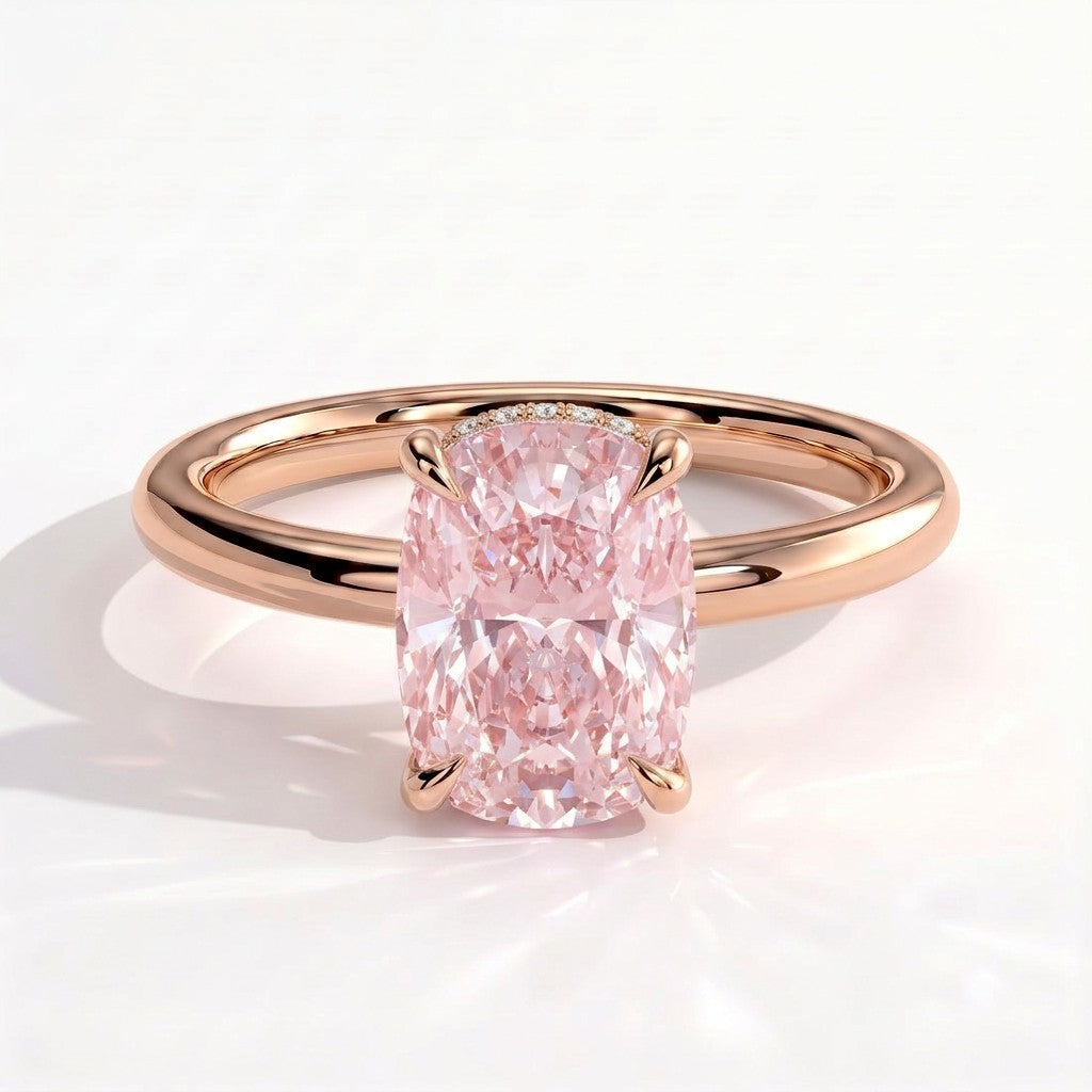 Fancy Vivid Pink elongated cushion lab-grown diamond engagement ring with wrap-around hidden halo in 14K (585) rose gold, front view