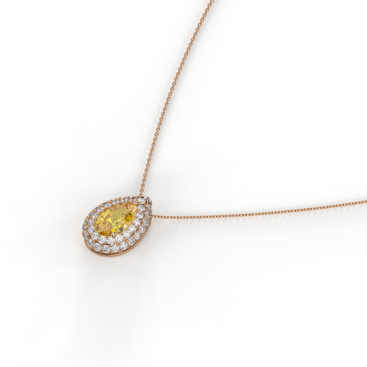 Solène Doppel-Halo-Halskette mit gelbem Labordiamanten im Tropfenschliff aus 585 Roségold, Seitenansicht
