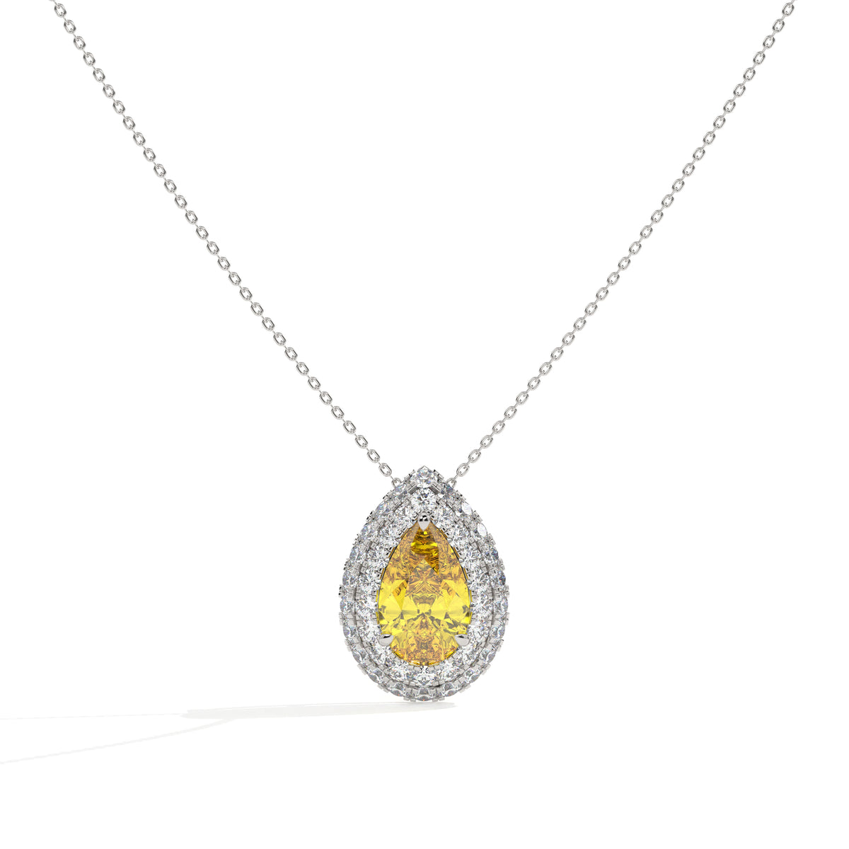 Solène Doppel-Halo-Halskette mit gelbem Labordiamanten im Tropfenschliff aus 585 Weißgold, Vorderansicht
