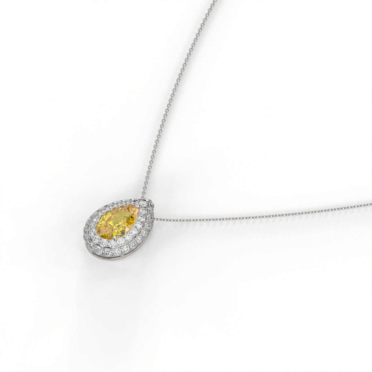 Solène Doppel-Halo-Halskette mit gelbem Labordiamanten im Tropfenschliff aus 585 Weißgold, Seitenansicht