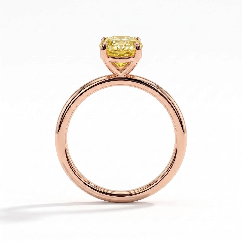 Fancy Vivid Yellow oval lab-grown diamond solitaire engagement ring in 14K (585) rose gold, side profile