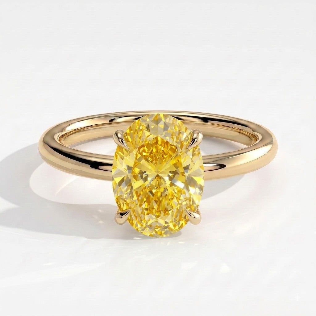 Fancy Vivid Yellow oval lab-grown diamond solitaire engagement ring in 18K (750) yellow gold, front view