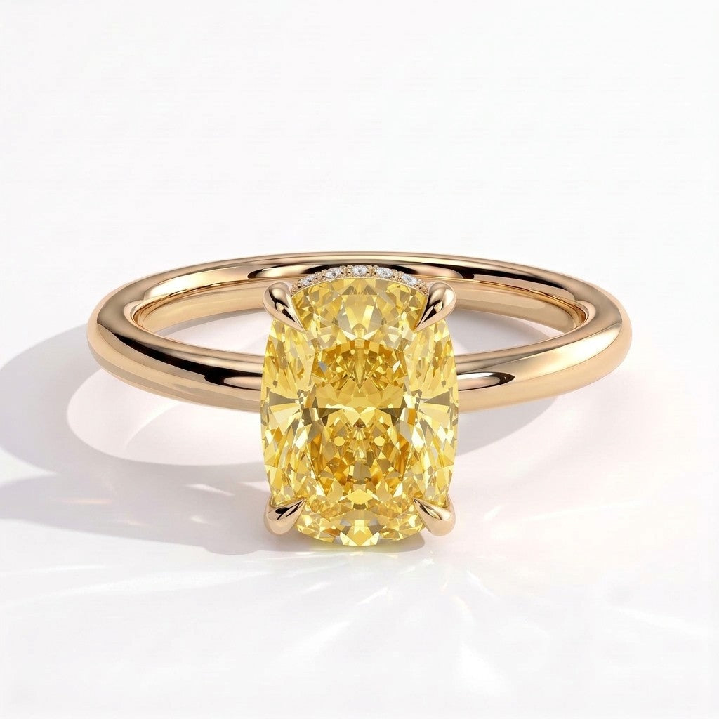 Fancy Vivid Yellow elongated cushion lab-grown diamond engagement ring with wrap-around hidden halo in 14K (585) yellow gold, front view