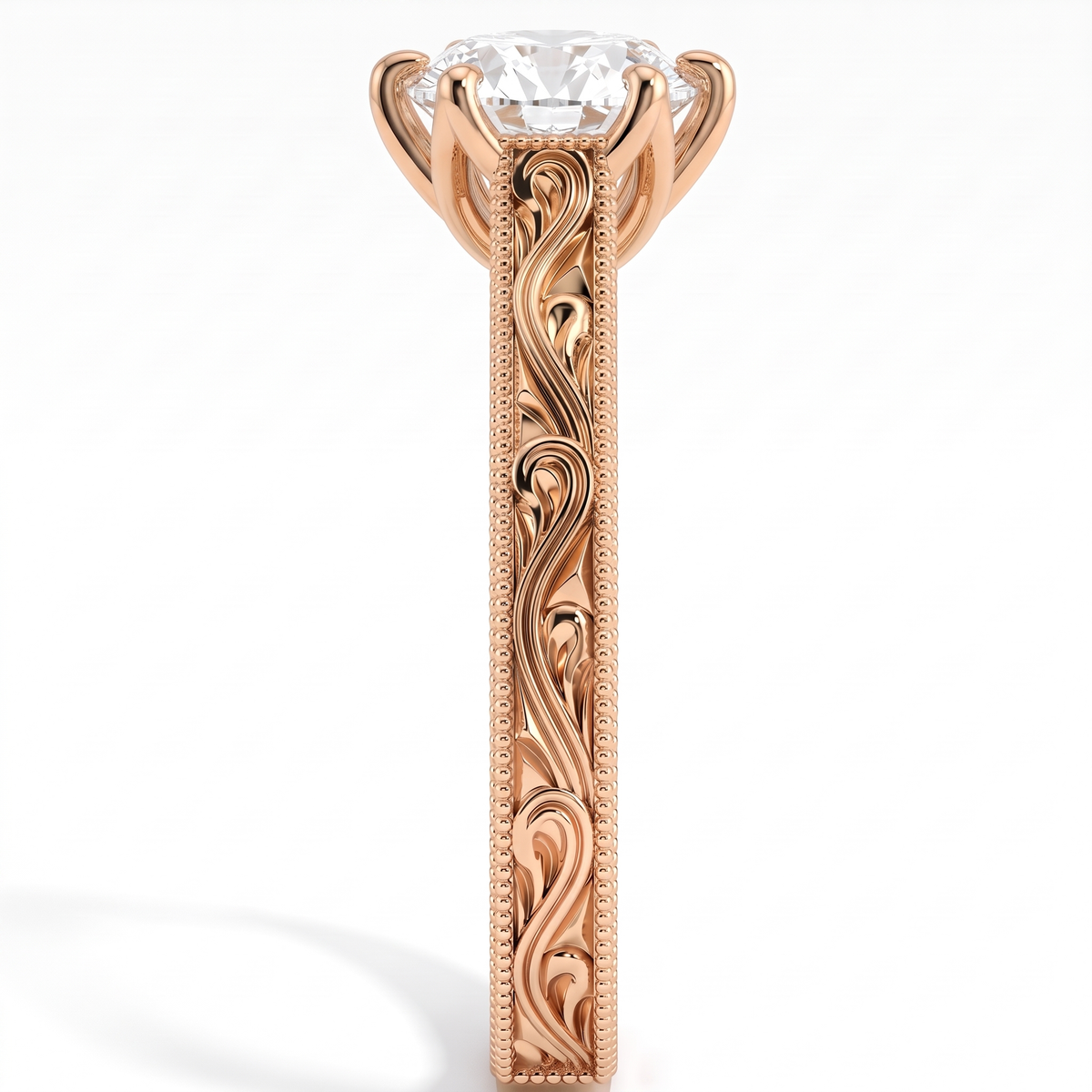 Round lab-grown diamond vintage filigree solitaire engagement ring in 18K (750) rose gold, close-up of the filigree band 